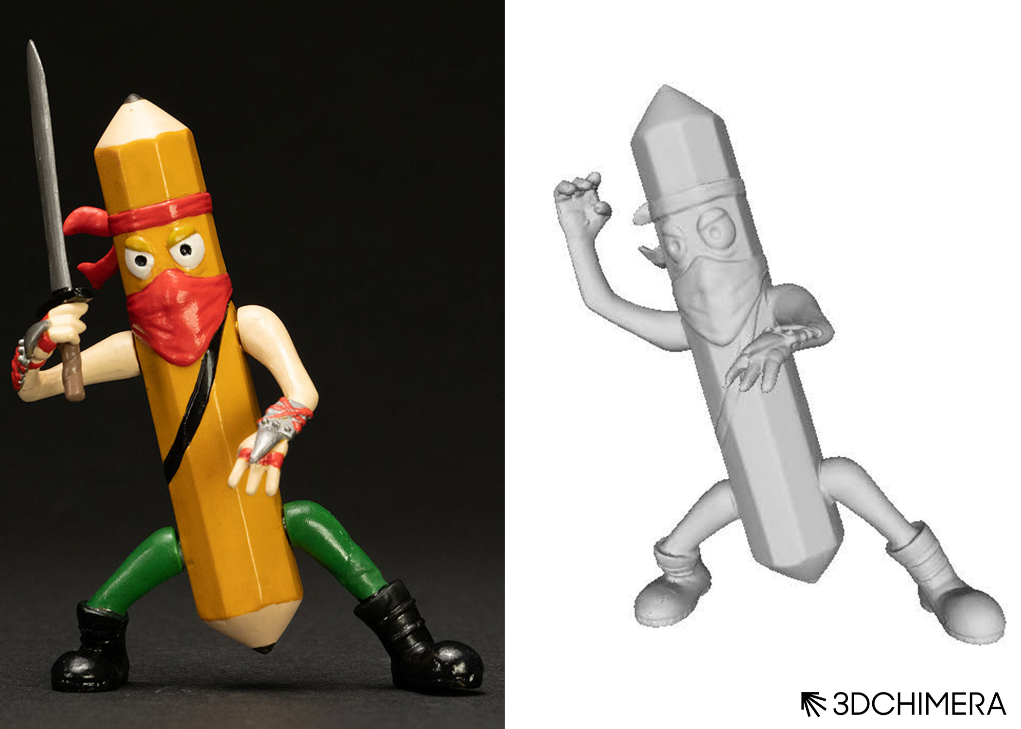 A hand-sculpted action figure and its scanned digital model